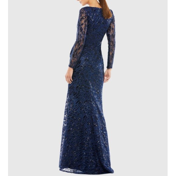 Mac Duggal 12412 Size 18 Long Sleeve Blue Ruched Sequined V-Neck Maxi Gown Dress - Picture 4 of 6